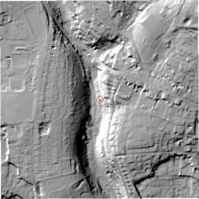 Shaded relief map of the ground around BA14AJ, computed from Environment Agency LiDAR. The ground here sits at about 36 m above sea level and falls 62 m across the surrounding 800 m. Surface water reaching this point runs off ground lying to the east-north-east, 19.9 m higher.