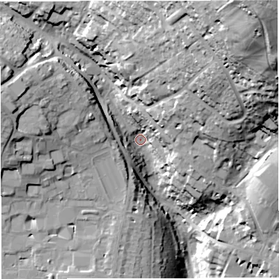Shaded relief map of the ground around BA14AP, computed from Environment Agency LiDAR. The ground here sits at about 43 m above sea level and falls 87 m across the surrounding 800 m. Surface water reaching this point runs off ground lying to the north-east, 75.4 m higher.