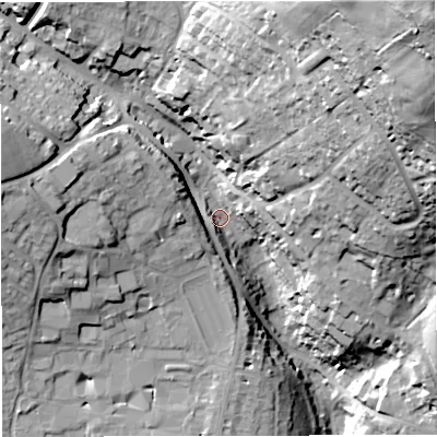 Shaded relief map of the ground around BA14BW, computed from Environment Agency LiDAR. The ground here sits at about 47 m above sea level and falls 88 m across the surrounding 800 m. Surface water reaching this point runs off ground lying to the north-east, 75.6 m higher.