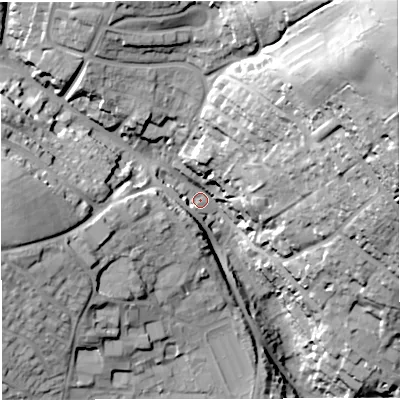 Shaded relief map of the ground around BA14BX, computed from Environment Agency LiDAR. The ground here sits at about 50 m above sea level and falls 86 m across the surrounding 800 m. Surface water reaching this point runs off ground lying to the north-east, 76.7 m higher.