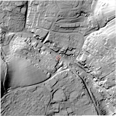 Shaded relief map of the ground around BA14BY, computed from Environment Agency LiDAR. The ground here sits at about 53 m above sea level and falls 57 m across the surrounding 800 m. Surface water reaching this point runs off ground lying to the west-south-west, 33.3 m higher.