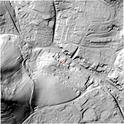 Shaded relief map of the ground around BA14DB, computed from Environment Agency LiDAR. The ground here sits at about 60 m above sea level and falls 72 m across the surrounding 800 m. Surface water reaching this point runs off ground lying to the west-south-west, 10.5 m higher.