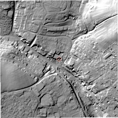 Shaded relief map of the ground around BA14DF, computed from Environment Agency LiDAR. The ground here sits at about 55 m above sea level and falls 73 m across the surrounding 800 m. Surface water reaching this point runs off ground lying to the north, 9.6 m higher.