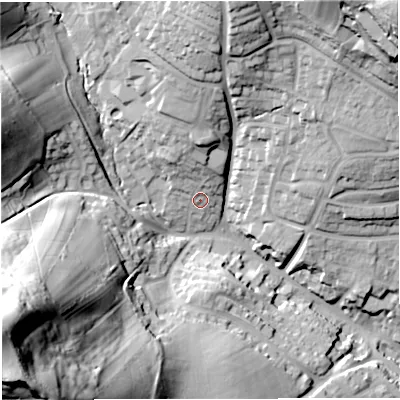 Shaded relief map of the ground around BA14DN, computed from Environment Agency LiDAR. The ground here sits at about 63 m above sea level and falls 81 m across the surrounding 800 m. Surface water reaching this point runs off ground lying to the north, 16.5 m higher.
