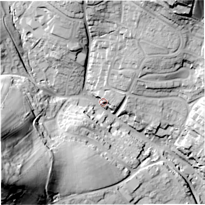 Shaded relief map of the ground around BA14DQ, computed from Environment Agency LiDAR. The ground here sits at about 61 m above sea level and falls 70 m across the surrounding 800 m. Surface water reaching this point runs off ground lying to the south-west, 60.5 m higher.