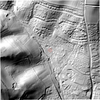 Shaded relief map of the ground around BA14LD, computed from Environment Agency LiDAR. The ground here sits at about 74 m above sea level and falls 85 m across the surrounding 800 m. Surface water reaching this point runs off ground lying to the north-east, 71.8 m higher.