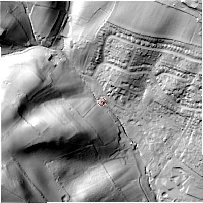 Shaded relief map of the ground around BA14LH, computed from Environment Agency LiDAR. The ground here sits at about 78 m above sea level and falls 97 m across the surrounding 800 m. Surface water reaching this point runs off ground lying to the west-south-west, 68.2 m higher.