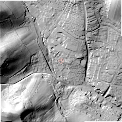 Shaded relief map of the ground around BA14PA, computed from Environment Agency LiDAR. The ground here sits at about 66 m above sea level and falls 83 m across the surrounding 800 m. Surface water reaching this point runs off ground lying to the north-north-east, 23.1 m higher.