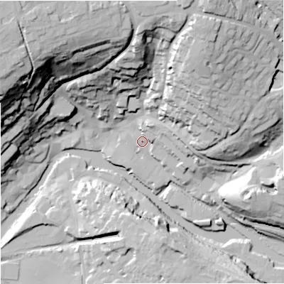 Shaded relief map of the ground around BA151AB, computed from Environment Agency LiDAR. The ground here sits at about 33 m above sea level and falls 64 m across the surrounding 800 m. Surface water reaching this point runs off ground lying to the west-north-west, 3.3 m higher.