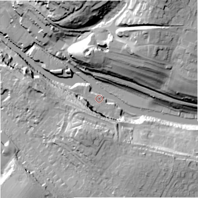 Shaded relief map of the ground around BA151BL, computed from Environment Agency LiDAR. The ground here sits at about 31 m above sea level and falls 42 m across the surrounding 800 m. Surface water reaching this point runs off ground lying to the south-south-west, 29.5 m higher.