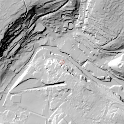 Shaded relief map of the ground around BA151BY, computed from Environment Agency LiDAR. The ground here sits at about 31 m above sea level and falls 65 m across the surrounding 800 m. Surface water reaching this point runs off ground lying to the south-south-east, 19.1 m higher.