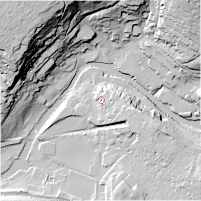 Shaded relief map of the ground around BA151DA, computed from Environment Agency LiDAR. The ground here sits at about 38 m above sea level and falls 66 m across the surrounding 800 m. Surface water reaching this point runs off ground lying to the east-north-east, 9.8 m higher.