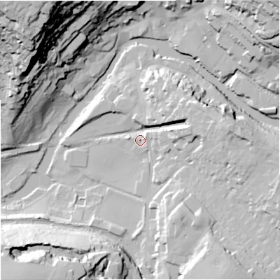 Shaded relief map of the ground around BA151DB, computed from Environment Agency LiDAR. The ground here sits at about 32 m above sea level and falls 63 m across the surrounding 800 m. Surface water reaching this point runs off ground lying to the east-north-east, 20.1 m higher.