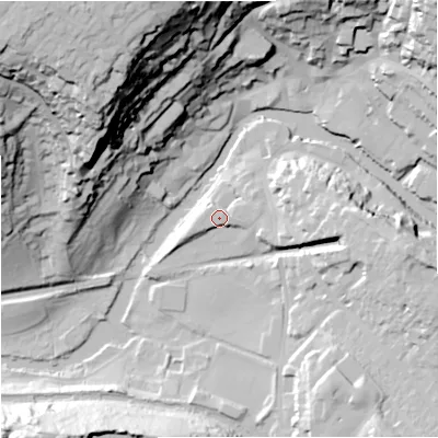 Shaded relief map of the ground around BA151DF, computed from Environment Agency LiDAR. The ground here sits at about 34 m above sea level and falls 67 m across the surrounding 800 m. Surface water reaching this point runs off ground lying to the east, 14.4 m higher.