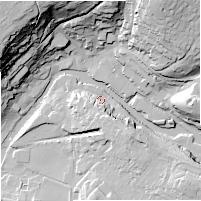 Shaded relief map of the ground around BA151DS, computed from Environment Agency LiDAR. The ground here sits at about 33 m above sea level and falls 65 m across the surrounding 800 m. Surface water reaching this point runs off ground lying to the south-south-east, 19.1 m higher.
