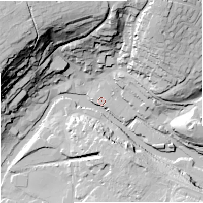 Shaded relief map of the ground around BA151EJ, computed from Environment Agency LiDAR. The ground here sits at about 31 m above sea level and falls 65 m across the surrounding 800 m. Surface water reaching this point runs off ground lying to the north-east, 52.2 m higher.