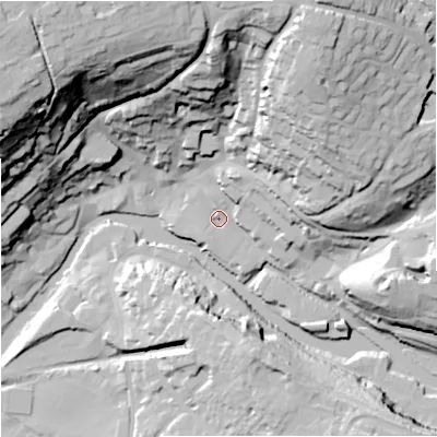 Shaded relief map of the ground around BA151ES, computed from Environment Agency LiDAR. The ground here sits at about 31 m above sea level and falls 64 m across the surrounding 800 m. Surface water reaching this point runs off ground lying to the north-east, 17.7 m higher.