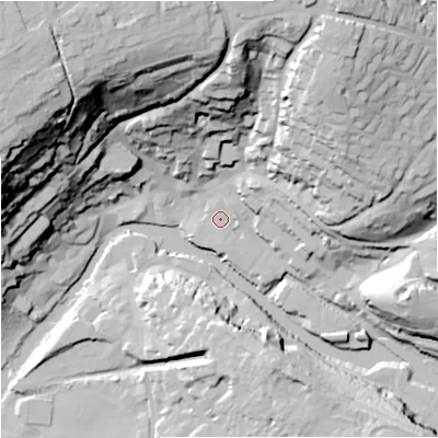 Shaded relief map of the ground around BA151FG, computed from Environment Agency LiDAR. The ground here sits at about 31 m above sea level and falls 65 m across the surrounding 800 m. Surface water reaching this point runs off ground lying to the north-east, 3.3 m higher.