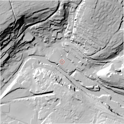 Shaded relief map of the ground around BA151FH, computed from Environment Agency LiDAR. The ground here sits at about 31 m above sea level and falls 64 m across the surrounding 800 m. Surface water reaching this point runs off ground lying to the north, 3.3 m higher.