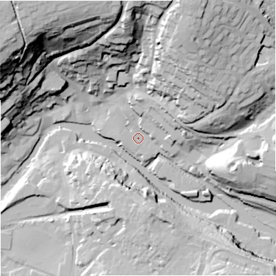 Shaded relief map of the ground around BA151FJ, computed from Environment Agency LiDAR. The ground here sits at about 31 m above sea level and falls 64 m across the surrounding 800 m. Surface water reaching this point runs off ground lying to the north-east, 42.3 m higher.