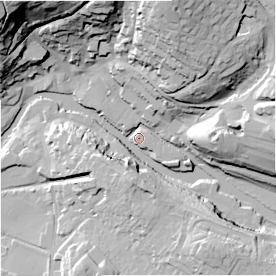 Shaded relief map of the ground around BA151FN, computed from Environment Agency LiDAR. The ground here sits at about 31 m above sea level and falls 61 m across the surrounding 800 m. Surface water reaching this point runs off ground lying to the north-north-east, 51.9 m higher.
