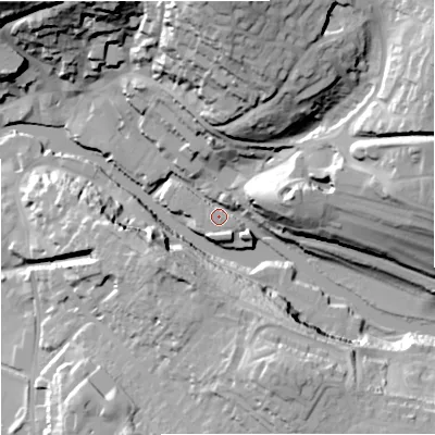 Shaded relief map of the ground around BA151FP, computed from Environment Agency LiDAR. The ground here sits at about 31 m above sea level and falls 48 m across the surrounding 800 m. Surface water reaching this point runs off ground lying to the north, 46.3 m higher.