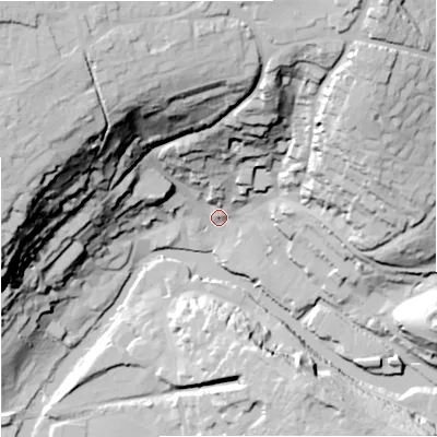 Shaded relief map of the ground around BA151JR, computed from Environment Agency LiDAR. The ground here sits at about 31 m above sea level and falls 69 m across the surrounding 800 m. Surface water reaching this point runs off ground lying to the north-north-west, 57.2 m higher.