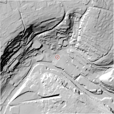 Shaded relief map of the ground around BA151JX, computed from Environment Agency LiDAR. The ground here sits at about 29 m above sea level and falls 67 m across the surrounding 800 m. Surface water reaching this point runs off ground lying to the north-east, 55.9 m higher.