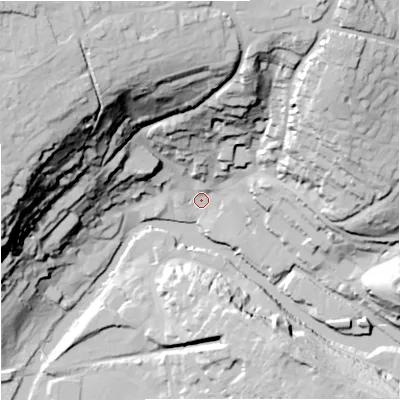 Shaded relief map of the ground around BA151LJ, computed from Environment Agency LiDAR. The ground here sits at about 29 m above sea level and falls 69 m across the surrounding 800 m. Surface water reaching this point runs off ground lying to the north-north-west, 57.7 m higher.