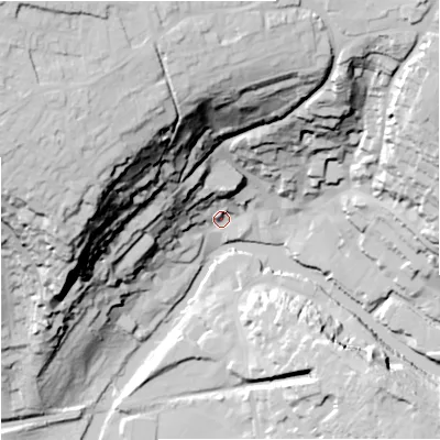 Shaded relief map of the ground around BA151LN, computed from Environment Agency LiDAR. The ground here sits at about 31 m above sea level and falls 71 m across the surrounding 800 m. Surface water reaching this point runs off ground lying to the north-west, 21.0 m higher.