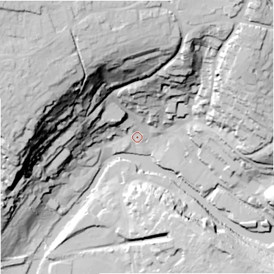 Shaded relief map of the ground around BA151LR, computed from Environment Agency LiDAR. The ground here sits at about 30 m above sea level and falls 70 m across the surrounding 800 m. Surface water reaching this point runs off ground lying to the north-west, 68.1 m higher.