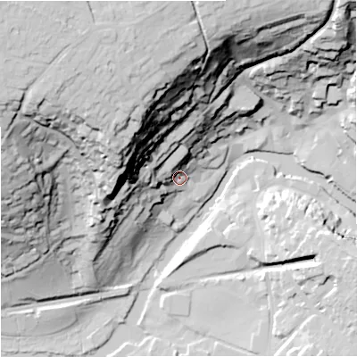 Shaded relief map of the ground around BA151LW, computed from Environment Agency LiDAR. The ground here sits at about 33 m above sea level and falls 71 m across the surrounding 800 m. Surface water reaching this point runs off ground lying to the north-west, 62.1 m higher.