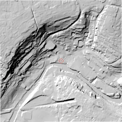 Shaded relief map of the ground around BA151NB, computed from Environment Agency LiDAR. The ground here sits at about 29 m above sea level and falls 68 m across the surrounding 800 m. Surface water reaching this point runs off ground lying to the west-north-west, 66.4 m higher.