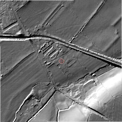 Shaded relief map of the ground around BA151UD, computed from Environment Agency LiDAR. The ground here sits at about 38 m above sea level and falls 21 m across the surrounding 800 m. Surface water reaching this point runs off ground lying to the west-south-west, 1.3 m higher.