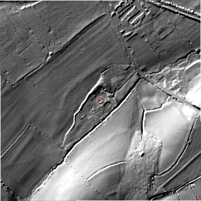 Shaded relief map of the ground around BA151UH, computed from Environment Agency LiDAR. The ground here sits at about 37 m above sea level and falls 20 m across the surrounding 800 m. Surface water reaching this point runs off ground lying to the west, 3.0 m higher.