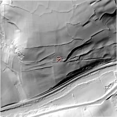 Shaded relief map of the ground around BA152HE, computed from Environment Agency LiDAR. The ground here sits at about 73 m above sea level and falls 85 m across the surrounding 800 m. Surface water reaching this point runs off ground lying to the north, 25.4 m higher.