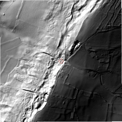 Shaded relief map of the ground around BA152JF, computed from Environment Agency LiDAR. The ground here sits at about 127 m above sea level and falls 134 m across the surrounding 800 m. Surface water reaching this point runs off ground lying to the south-south-west, 34.1 m higher.