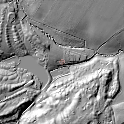 Shaded relief map of the ground around BA152RU, computed from Environment Agency LiDAR. The ground here sits at about 75 m above sea level and falls 35 m across the surrounding 800 m. Surface water reaching this point runs off ground lying to the north-west, 5.9 m higher.