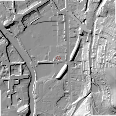 Shaded relief map of the ground around BA15AF, computed from Environment Agency LiDAR. The ground here sits at about 20 m above sea level and falls 49 m across the surrounding 800 m. Surface water reaching this point runs off ground lying to the west-south-west, 1.7 m higher.