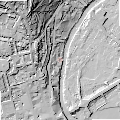Shaded relief map of the ground around BA15AX, computed from Environment Agency LiDAR. The ground here sits at about 23 m above sea level and falls 75 m across the surrounding 800 m. Surface water reaching this point runs off ground lying to the west-south-west, 12.0 m higher.