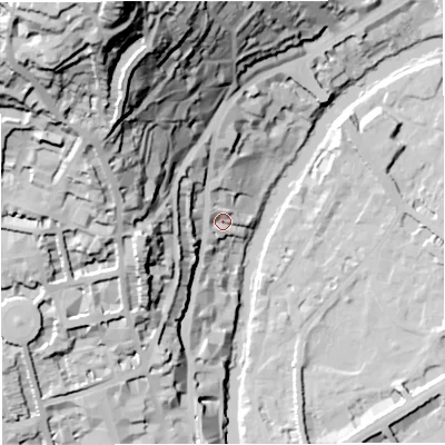 Shaded relief map of the ground around BA15BG, computed from Environment Agency LiDAR. The ground here sits at about 26 m above sea level and falls 100 m across the surrounding 800 m. Surface water reaching this point runs off ground lying to the north-west, 7.2 m higher.