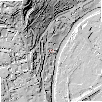Shaded relief map of the ground around BA15BS, computed from Environment Agency LiDAR. The ground here sits at about 26 m above sea level and falls 99 m across the surrounding 800 m. Surface water reaching this point runs off ground lying to the north-west, 7.8 m higher.