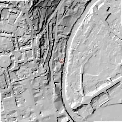 Shaded relief map of the ground around BA15BT, computed from Environment Agency LiDAR. The ground here sits at about 23 m above sea level and falls 69 m across the surrounding 800 m. Surface water reaching this point runs off ground lying to the west-south-west, 9.1 m higher.