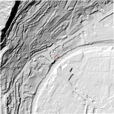 Shaded relief map of the ground around BA15DB, computed from Environment Agency LiDAR. The ground here sits at about 22 m above sea level and falls 127 m across the surrounding 800 m. Surface water reaching this point runs off ground lying to the west, 12.1 m higher.