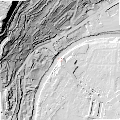 Shaded relief map of the ground around BA15DH, computed from Environment Agency LiDAR. The ground here sits at about 21 m above sea level and falls 121 m across the surrounding 800 m. Surface water reaching this point runs off ground lying to the west-north-west, 102.6 m higher.