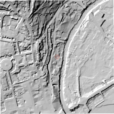 Shaded relief map of the ground around BA15DQ, computed from Environment Agency LiDAR. The ground here sits at about 24 m above sea level and falls 81 m across the surrounding 800 m. Surface water reaching this point runs off ground lying to the west-south-west, 5.4 m higher.