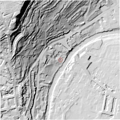 Shaded relief map of the ground around BA15UE, computed from Environment Agency LiDAR. The ground here sits at about 22 m above sea level and falls 119 m across the surrounding 800 m. Surface water reaching this point runs off ground lying to the north-west, 100.9 m higher.