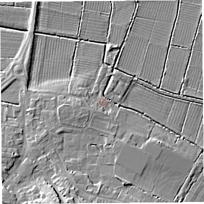 Shaded relief map of the ground around BA160AF, computed from Environment Agency LiDAR. The ground here sits at about 8 m above sea level and falls 15 m across the surrounding 800 m. Surface water reaching this point runs off ground lying to the south-south-east, 5.0 m higher.