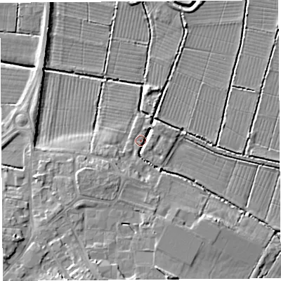 Shaded relief map of the ground around BA160AJ, computed from Environment Agency LiDAR. The ground here sits at about 7 m above sea level and falls 11 m across the surrounding 800 m. Surface water reaching this point runs off ground lying to the south, 5.6 m higher.