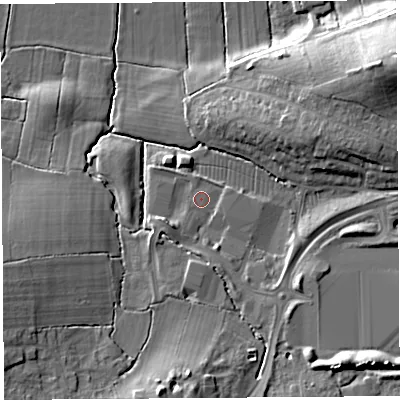 Shaded relief map of the ground around BA160GX, computed from Environment Agency LiDAR. The ground here sits at about 10 m above sea level and falls 16 m across the surrounding 800 m. Surface water reaching this point runs off ground lying to the south, 8.6 m higher.